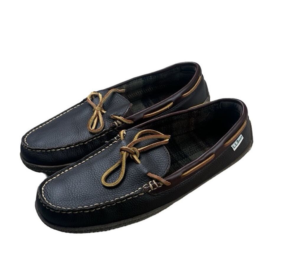 LL Bean Handsewn Brown Leather Moccasin Slippers Flannel Lined Men Size 10